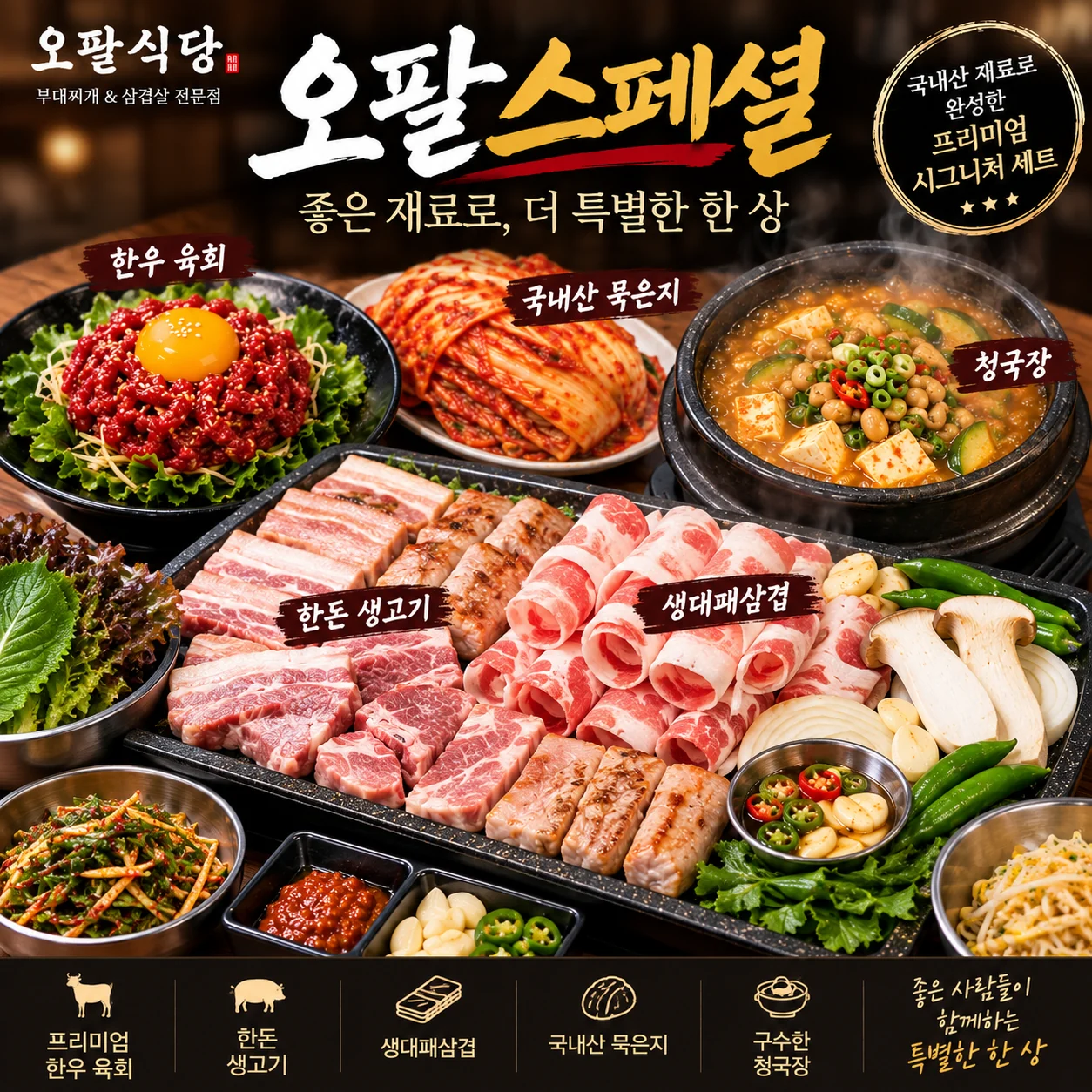 오팔 스페셜 — 한우 육회·국내산 묵은지·청국장·한돈 생고기·생대패삼겹 한상